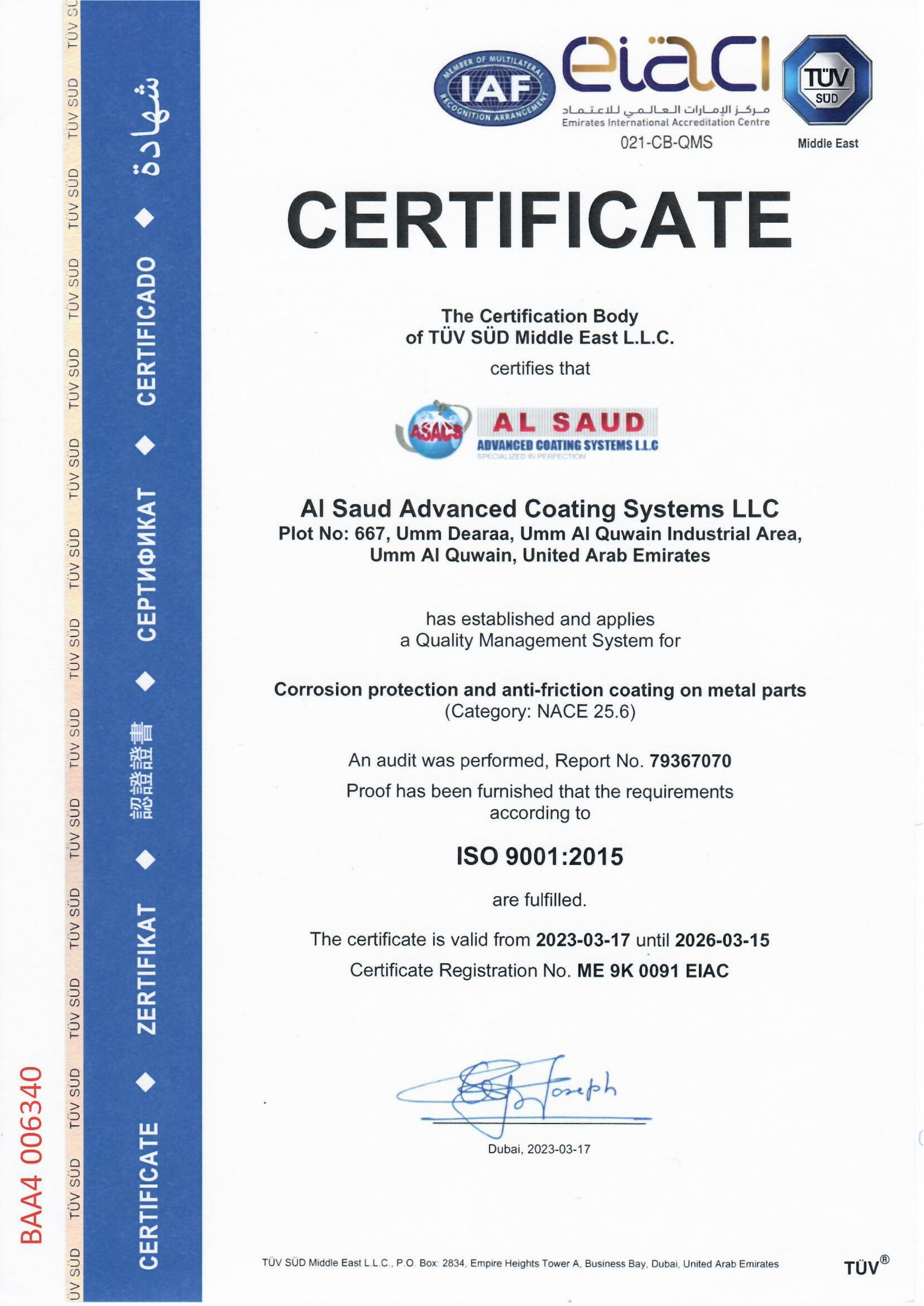 ISO 9001:2015 Quality Management System Certificate
